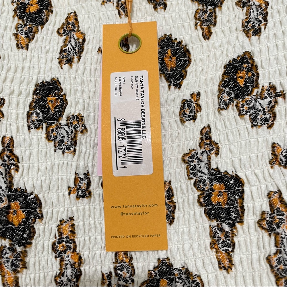 TANYA TAYLOR NWT Cream Smocked Silk Blend Floral Emma Top Size Large - Picture 7 of 10